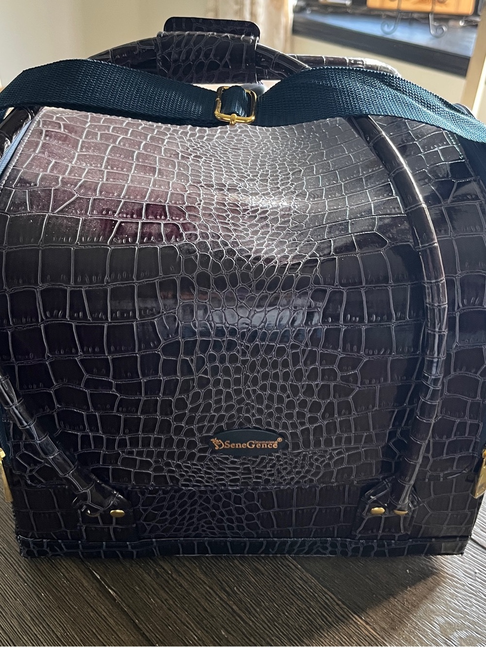 SeneGence Croc-Embossed Makeup Tote in Blue with Gold Accents